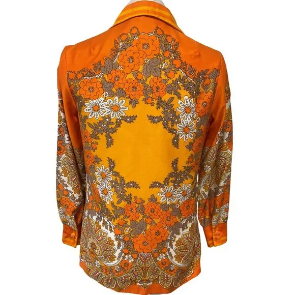 Vintage 1970s Orange Paisley & Floral Button-Up Blouse With Pointed Collar - Picture 2 of 5